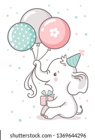 Cute baby elephant sits and holds a  balloons. Greeting card with a cute cartoon animal on a white background.