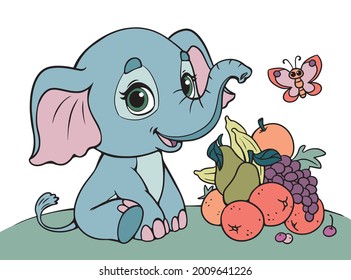 A cute baby elephant sits next to a mountain of fruits. The animal is vegetarian. Children s print. Vector illustration in cartoon children s style. Isolated clipart on white background.