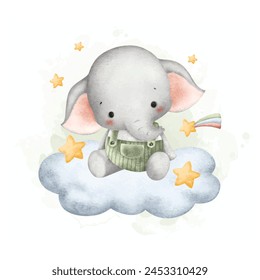 Cute Baby Elephant Sits on Cloud with Stars