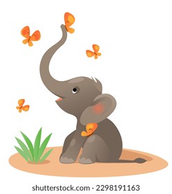 Cute baby elephant sits and plays with butterflies. Drawing in warm gentle colors