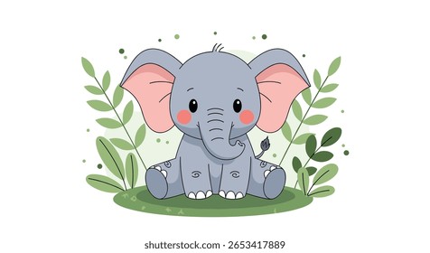 Cute baby elephant sitting among green leaves and flowers in a forest scene