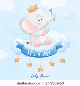 Cute baby elephant sitting in the cloud with watercolor illustration