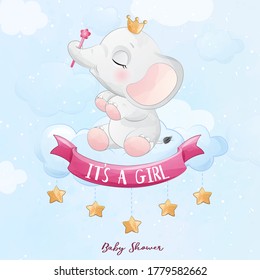 Cute baby elephant sitting in the cloud with watercolor illustration