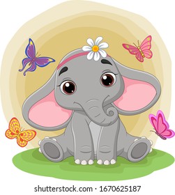 Cute baby elephant sitting in the grass among the butterflies