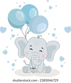 Cute baby elephant sitting holding a balloons
