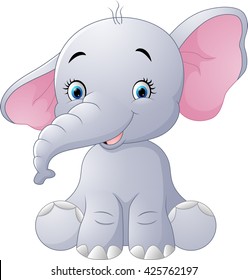 Cute Baby Elephant Sitting Isolated On White Background