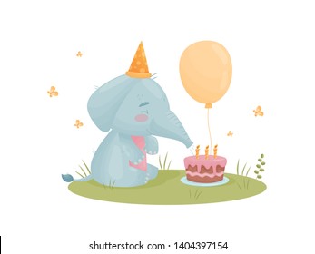 Cute baby elephant sitting near the cake and balloon. Vector illustration on white background.