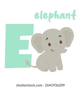 Cute baby elephant sitting next to big letter E in pastel colors for kids learning.