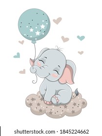 Cute baby elephant sitting on the cloud