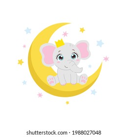 Cute baby elephant sitting on the moon. Newborn animal illustration. Flat vector cartoon design