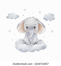 cute baby elephant sitting on the cloud watercolor clipart illustration with isolated background