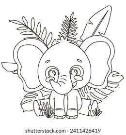 Cute baby elephant sitting under palm leaves - picture for coloring. Drawing of a baby elephant for children's coloring. Baby. Is sitting. Vector illustration of drawings, prints and patterns.