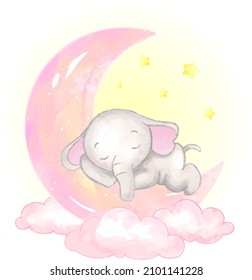 Cute baby elephant sleep on the crescent moon. Baby girl birthday greeting card