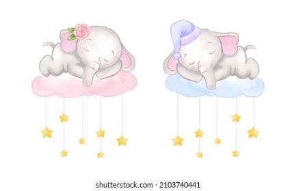 Cute baby elephant sleeping in the cloud. Watercolor style vector