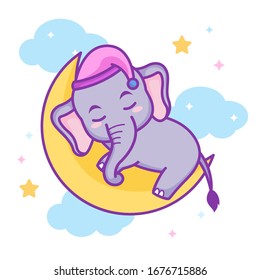 Cute baby elephant sleeping on the crescent moon, vector illustration
