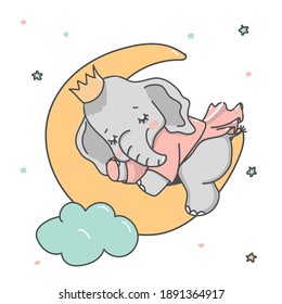 Cute baby elephant, sleeping on the moon among the stars vector illustration.