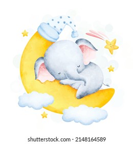 Cute baby elephant sleeping on the moon 