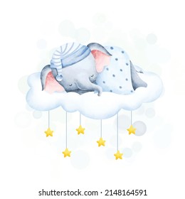 Cute baby elephant sleeping on the cloud 