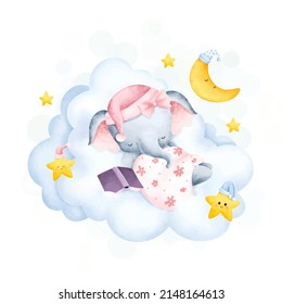 Cute baby elephant sleeping on the cloud 