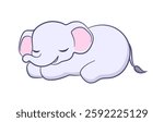 Cute baby elephant sleeping resting cartoon illustration. Animal mammal with big ears and trunk clipart for kids.