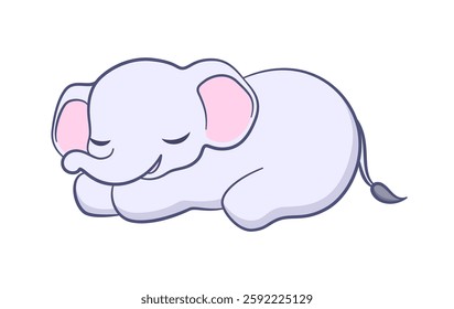 Cute baby elephant sleeping resting cartoon illustration. Animal mammal with big ears and trunk clipart for kids.