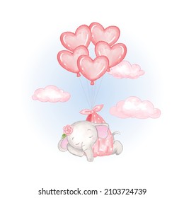 Cute baby elephant sleeping in the sky with heart shape balloon. Watercolor vector design