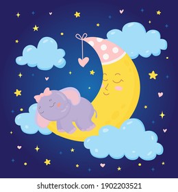 Cute baby elephant sleepping on the crescent moon. Cartoon character for invitation, poster, print and greeting card. Childish background with moon, stars, clouds. Vector illustration