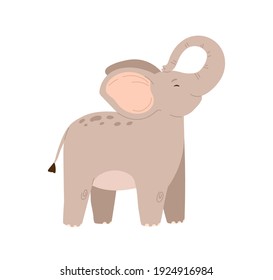 Cute baby elephant standing with trunk raised up. Funny happy animal character. Colored flat vector illustration isolated on white background