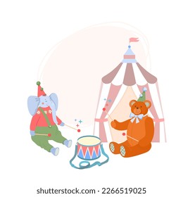 Cute baby elephant and teddy bear in festive caps sit and drum with drumsticks on drum against backdrop of a circus tent. Vector children's illustration of street musicians on isolated background.