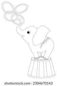 cute baby elephant throws rings in the circus. Coloring book page template for children. Vector illustration EPS 10.