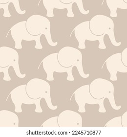 Cute baby elephant vector seamless pattern background. Adorable simple beige gender neutral backdrop with naive hand drawn elephants. Geometric repeat design for nursery, children.