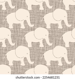 Cute baby elephant vector seamless pattern background. Adorable simple beige gender neutral backdrop with naive hand drawn elephants. Burlap texture overlay. Repeat design for nursery, children.