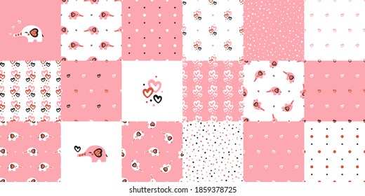 Cute Baby Elephant. Vector Set of Seamless Patterns and Prints with  Little Elephants, Hearts and Polka Dots Pattern. Pink Backgrounds for Kids. Perfect for Birthday or Baby Shower Decor