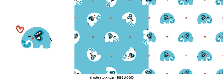 Bebé elefante lindo. Juego de vectores de afiches o patrones impresos y sin foco con pequeños elefantes y corazones. Fondos azules para los niños. Perfecto para el cumpleaños o la decoración de la ducha para bebés
