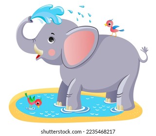 Cute baby elephant with water splash and two exotic birds