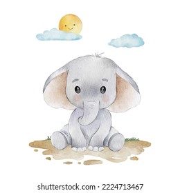 cute baby elephant watercolor clipart illustration with isolated background