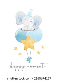 cute baby elephant watercolor sitting on sweet round and star birthday balloons, wildlife animal hand drawn nursery watercolor illustration vector