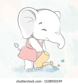 Cute baby elephant watering the flower water color cartoon hand drawn vecter illustration. Use for Happy birthday invitation card, T-shirt print, baby shower.