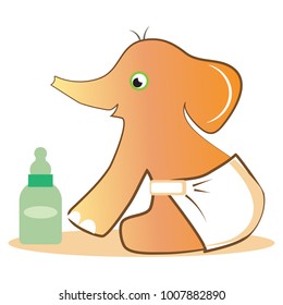 Cute baby elephant wearing diapers looking at the baby bottle cartoon character vector illustration. Can be used for t shirt print, baby shower celebration invitation and greeting card.