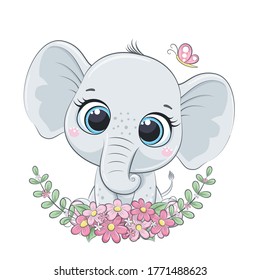 Cute baby elephant with wreath. Vector illustration for baby shower, greeting card, party invitation, fashion clothes t-shirt print.