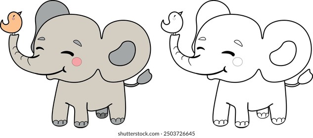 cute baby elephant with yellow bird coloring book for children