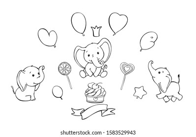 Cute baby elephants, balloons, cakes, crown, sweets. Contour, hand drawing, on isolated background, Commercial vector illustration, for Valentine's day and children's holidays.