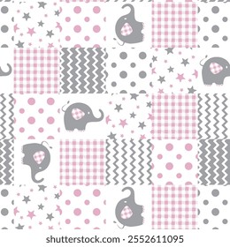 Cute baby elephants with balls seamless pattern. Vector childish illustration
