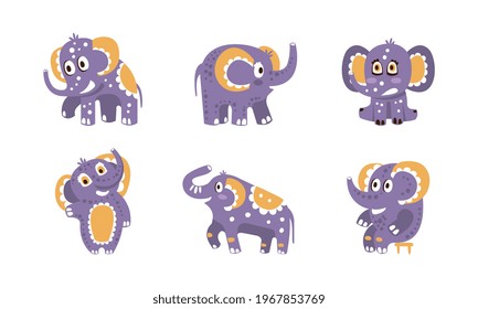 Cute Baby Elephants Collection, Adorable African Animal in Different Poses Cartoon Vector Illustration