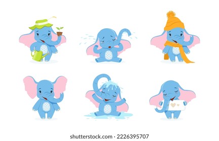 Cute baby elephants in different activities. Funny african animal watering flowers, crying, taking shower, walking wearing knitted hat and scarf cartoon vector illustration