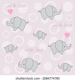 Cute baby elephants with hearts and balloons on a decorative background. Vector