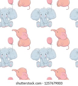 Cute baby elephants pattern cartoon hand drawn vector illustration. Can be used for baby t-shirt print, fashion print design, children wear, baby shower celebration, greeting and invitation card.