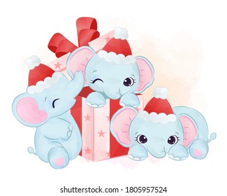 Cute baby elephants playing with a gift box