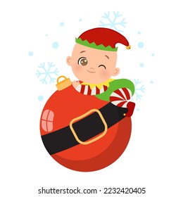 Cute baby elf Christmas illustration. Flat vector cartoon design