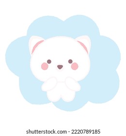 Cute baby ermine, stoat, weasel on blue cloud. Hand drawn vector illustration in crayon colored texture isolated on white background.